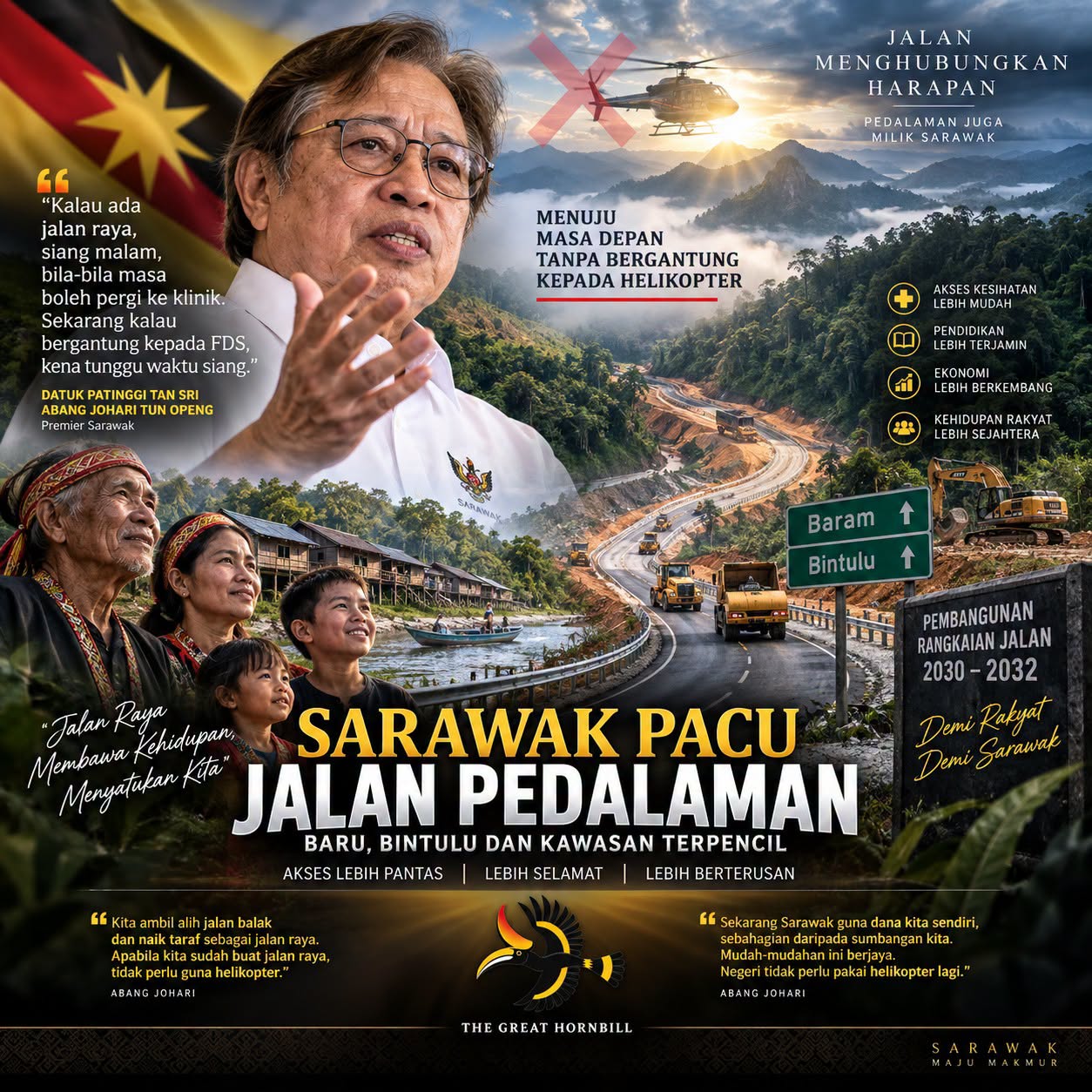Sarawak Pacu Jalan Pedalaman, Abang Johari Mahu Rakyat Tidak Lagi Bergantung Kepada Helikopter